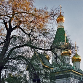 Позлатени кубета, скрити зад позлатени дървета