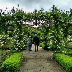 Side by side under a gate of roses