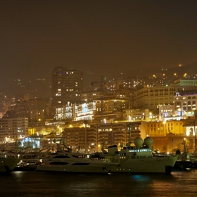 Foggy night over Monte Carlo's Yacht Marina