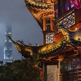 Shanghai Tower, JinMao Tower, Huxinting Teahouse. View from YuYuan Garden